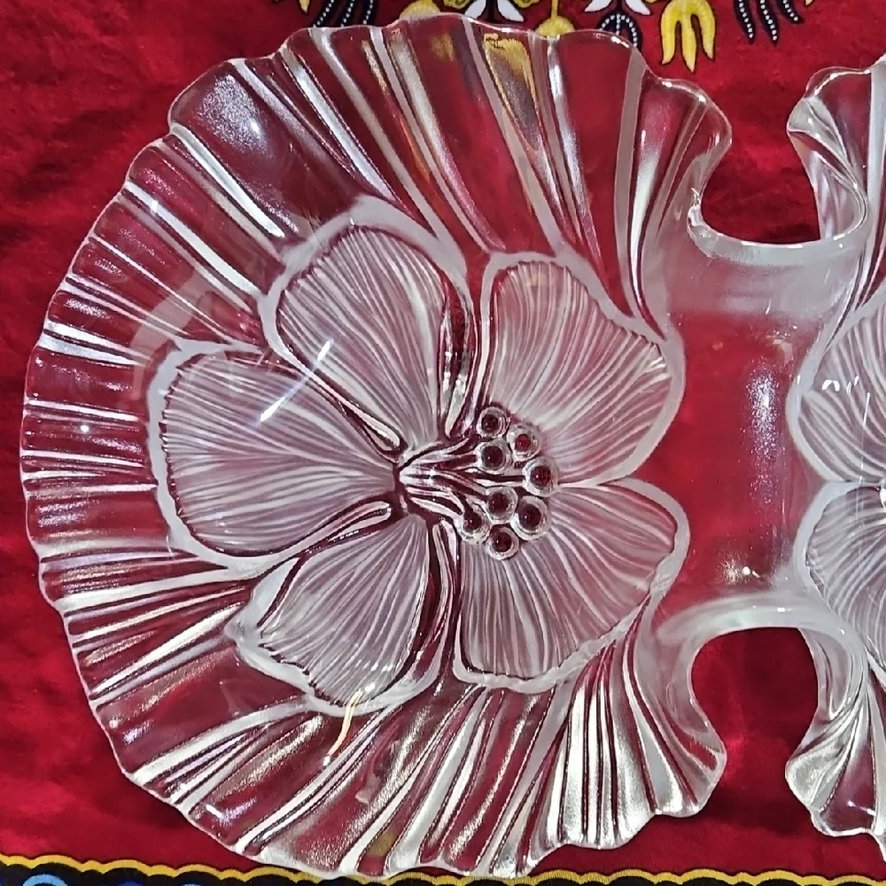 VTG Mikasa Germany Hibiscus Clear Frosted Glass Divided Dish